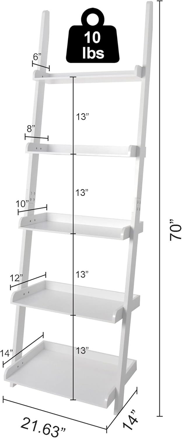 eHemco Modern 5 Tier Wall-Leaning Ladder Bookshelf Organizer, Storage Rack, 7...