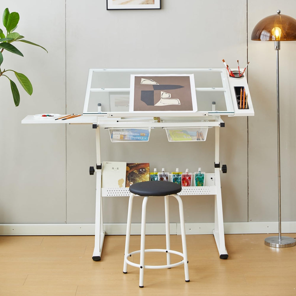 Drafting Table, Height Adjustable Art Tabe with Stool, White | 0-75° Tilting ...