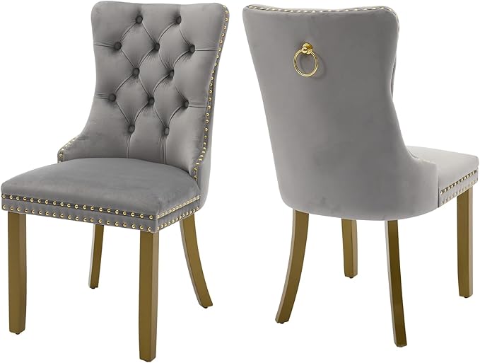 Velvet Dining Chairs Set of 2, High-end Tufted Upholstered Dining Chair with Back Ring Pull, Nailhead Trim and Golden Solid Wood Legs, Modern Dining Room Chairs for Dining Room, Light Gray