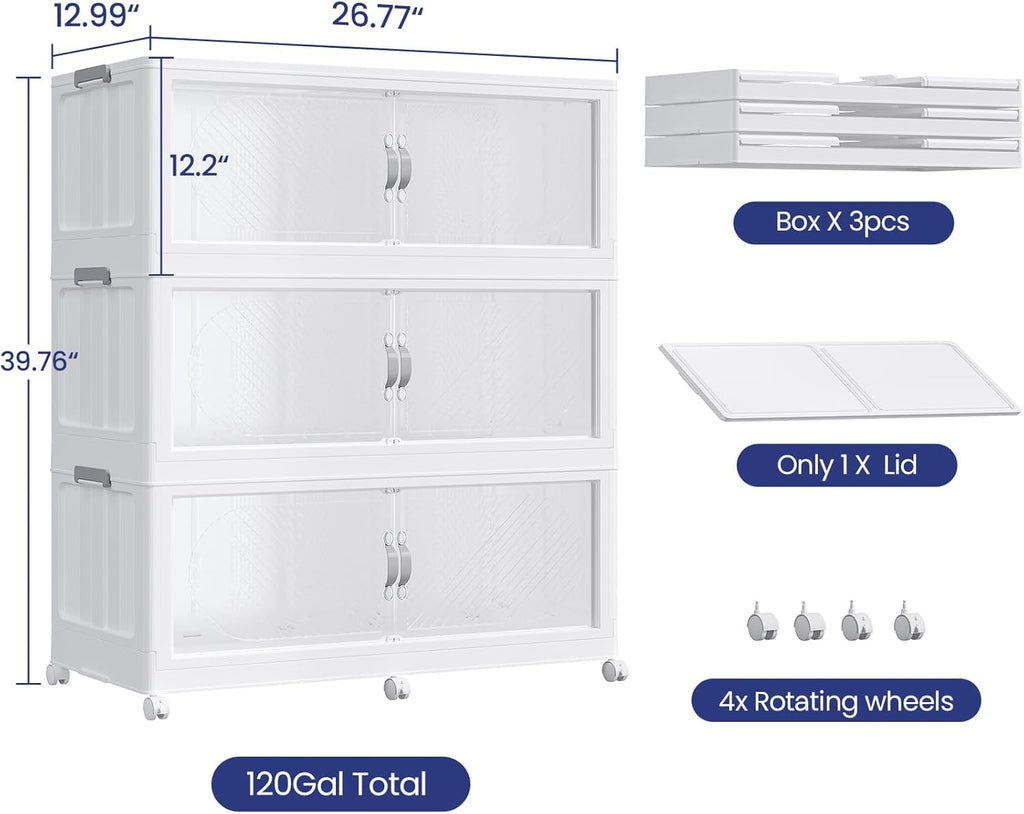 360QT Extra Large Stackable Storage Bins with Lid & Wheels & Doors, 90Gal Foldable Collapsible Closet Organizers, Plastic Cabinet Box Container Drawer for Home Kitchen Bedroom, 3Pack White