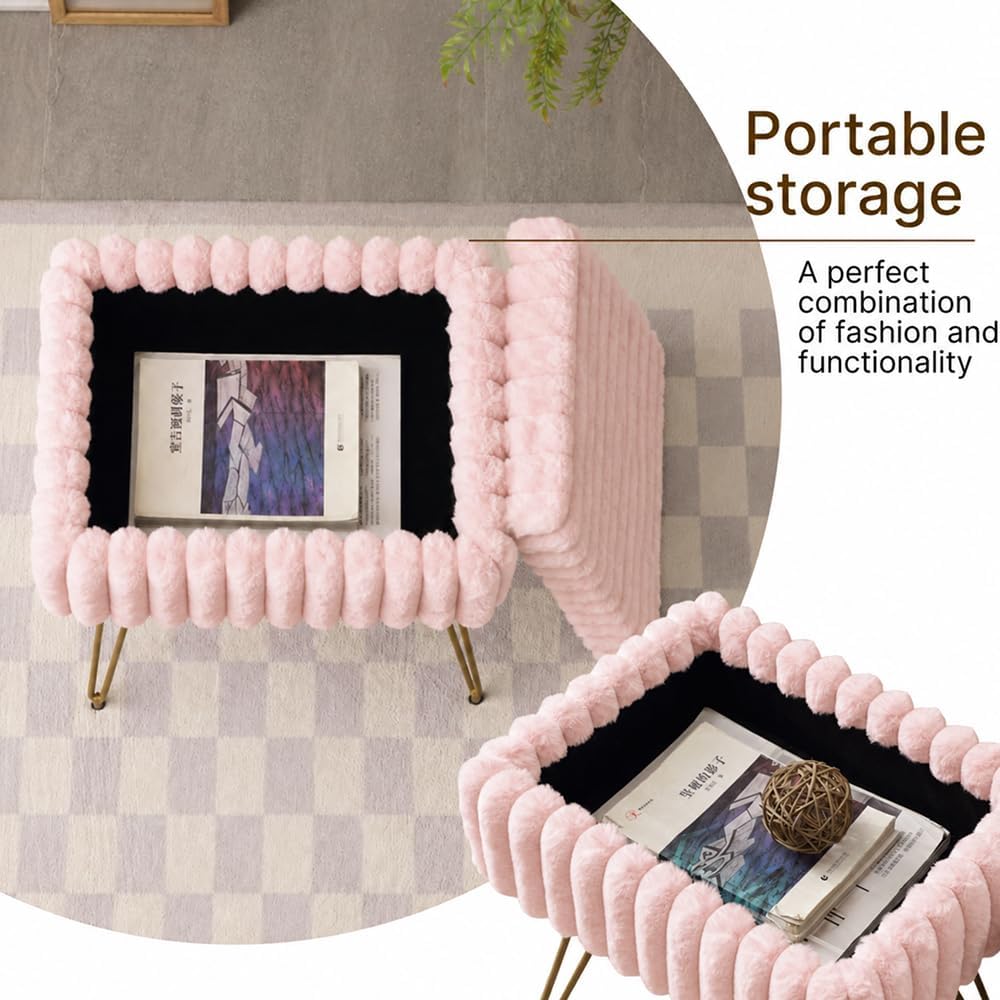 Faux Fur Storage Ottoman, Modern Soft Footstool, Storage Bench with Metal Leg...
