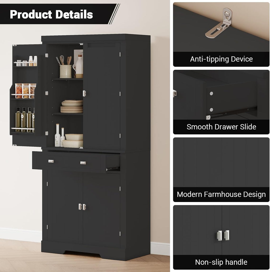 Kitchen Pantry Storage Cabinet, 72 Inches Freestanding Food Pantry Cabinet with Drawer, Modern Wood Cupboard with 6 Door Shelves and 4 Adjustable Shelves for Ding Room, White