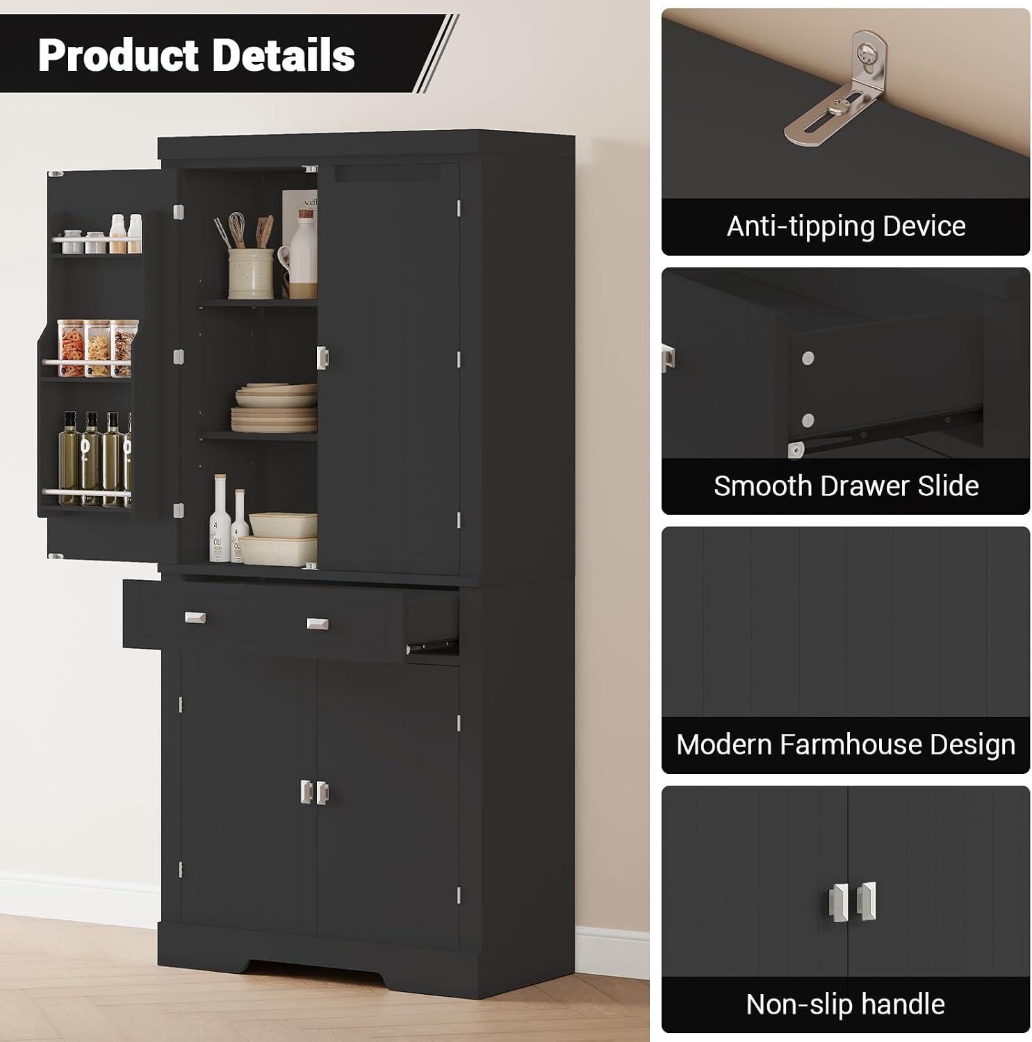 TrailBlaze 72'' Tall Kitchen Pantry Cabinet with Doors & Drawers, Freestanding Narrow Pantry Storage with Adjustable Shelves, Storage Cabinet for Dining Room Living Room Kitchen