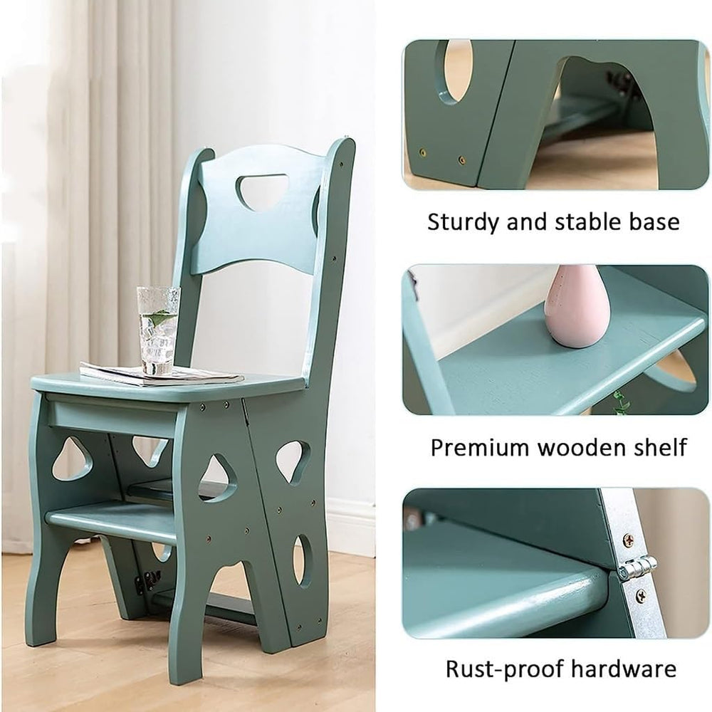 4 Step Wooden Folding Library Ladder Chair with Seat, Lightweight Portable La...