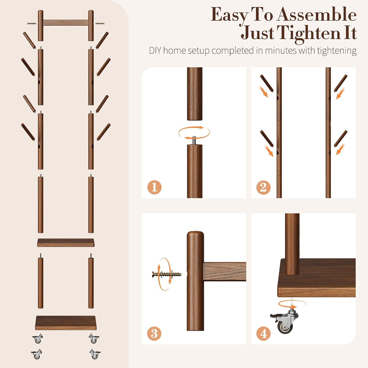 Yoobure Solid Wood Coat Rack Freestanding - Rolling Clothes Rack with 8 Hooks & Shelves, Small Clothing Rack with Wheels, Heavy Duty Clothing Racks for Hanging Clothes, Portable Hall Tree for Entryway