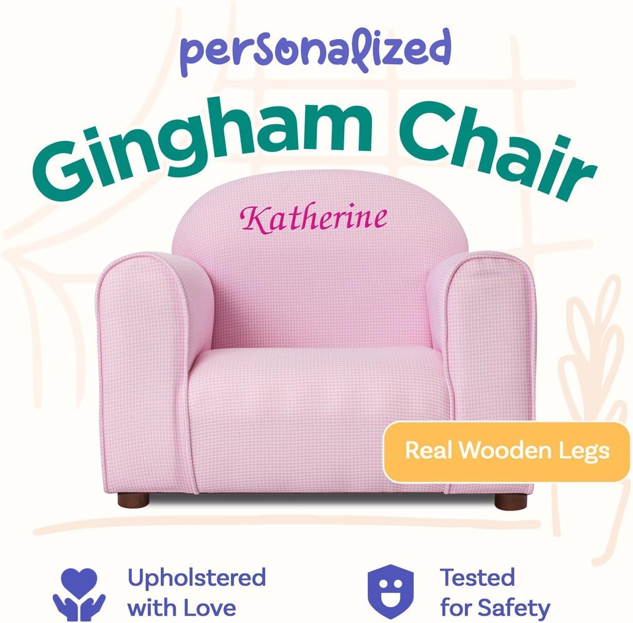 Keet Personalized Gingham Kids Chair with Custom Name Embroidery, Soft Microsuede Fabric, Padded Cushion, Wooden Frame, Ages 2-5, Comfortable & Stylish Toddler Armchair for Playroom & Bedroom.