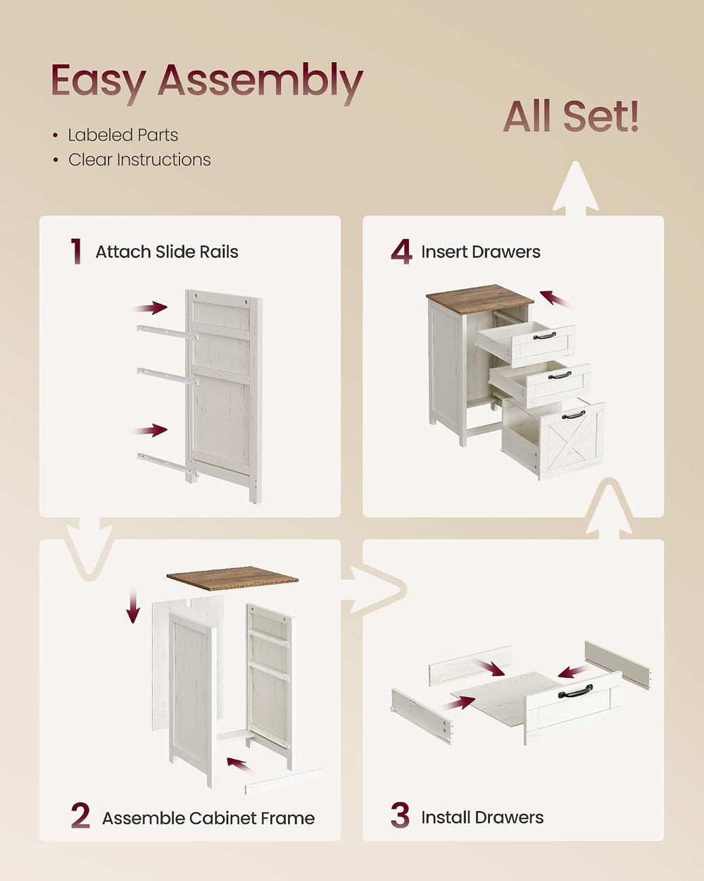 VASAGLE File Cabinet, 3-Drawer Filing Cabinet for Home Office | Modern Farmho...