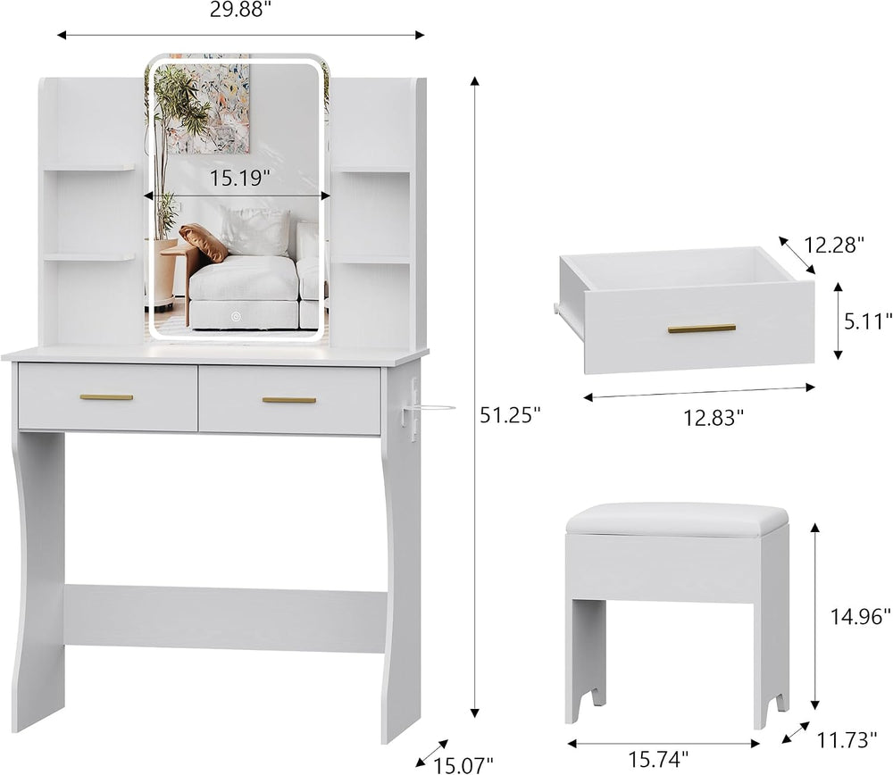 Small Vanity Desk with Mirror and Lights, Makeup Vanity with LED Lights, Whit...