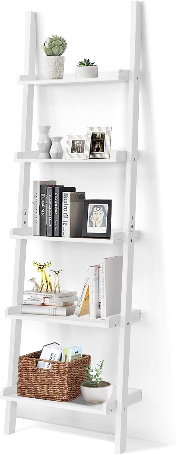 Tangkula 5-Tier Ladder Shelf, Wall-Leaning Bookshelf w/Open Shelves, Plant Flower Stand, Storage Display Organizer Rack, Multifunctional Bookcase for Living Room Home Office (White)