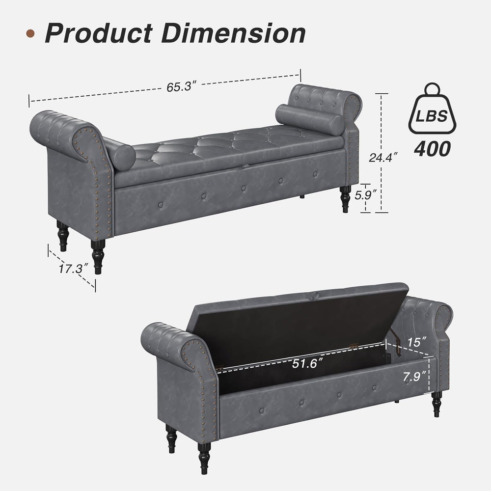FiveWillowise 65" End of Bed Storage Bedroom Bench with Storage,Faux Lea...