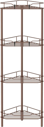 4 Tier Floor Standing Corner Shower Caddy Organizer Shelf with Hooks, Bathroom Shelves Stand Rack, Coffee