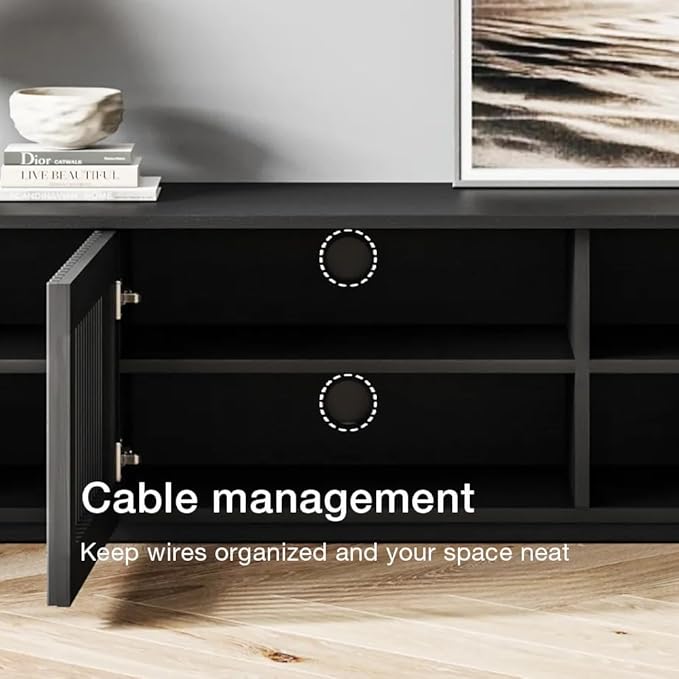 POVISON Mid Century Modern Wood Slatted TV Stand with LED Lights, Media Console for 55+ Inch TV, Entertainment Center with Storage Cabinet for Living Room, Fully-Assembled (Black, 59.06")