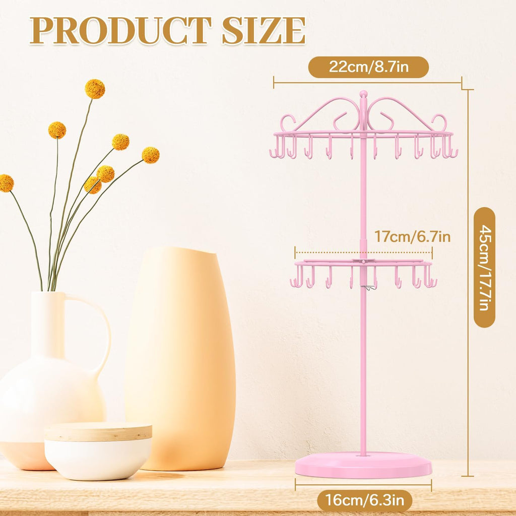 MODOWEY Rotating Necklace Holder Organizer Display Stand with 42 Hooks, 2 Tier Adjustable Metal Tree for Long Necklace Hanger Selling, Tall Spinning Bracelet Storage Rack for Men Women, Pink