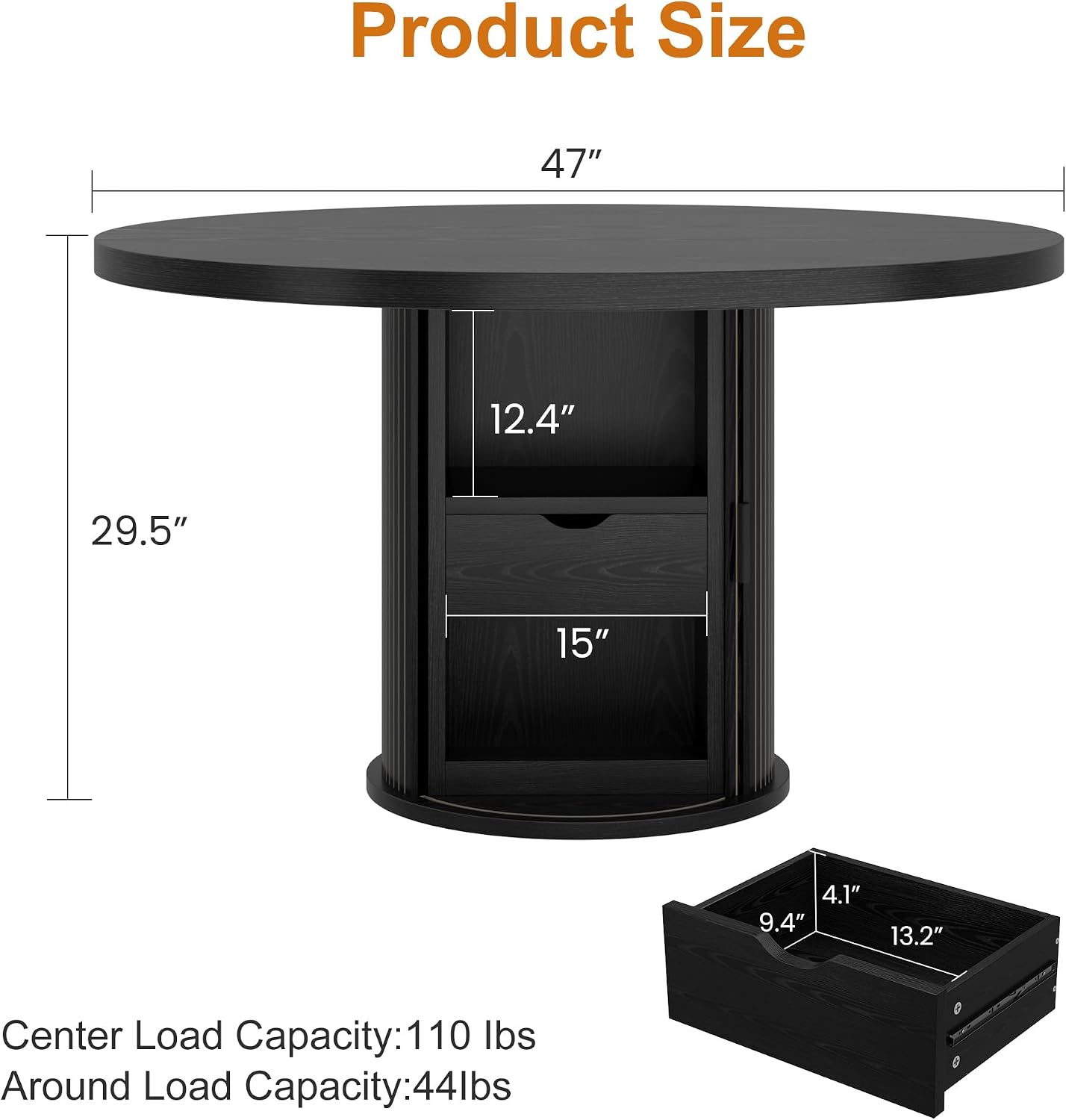 IDEALHOUSE 47" Round Dining Table for 4-6, Modern Farmhouse Kitchen Table | Wooden Accent Furniture with 2-Layer Storage Shelf & Drawer, Circle Dining Tables with Fluted Pedestal Base, Black