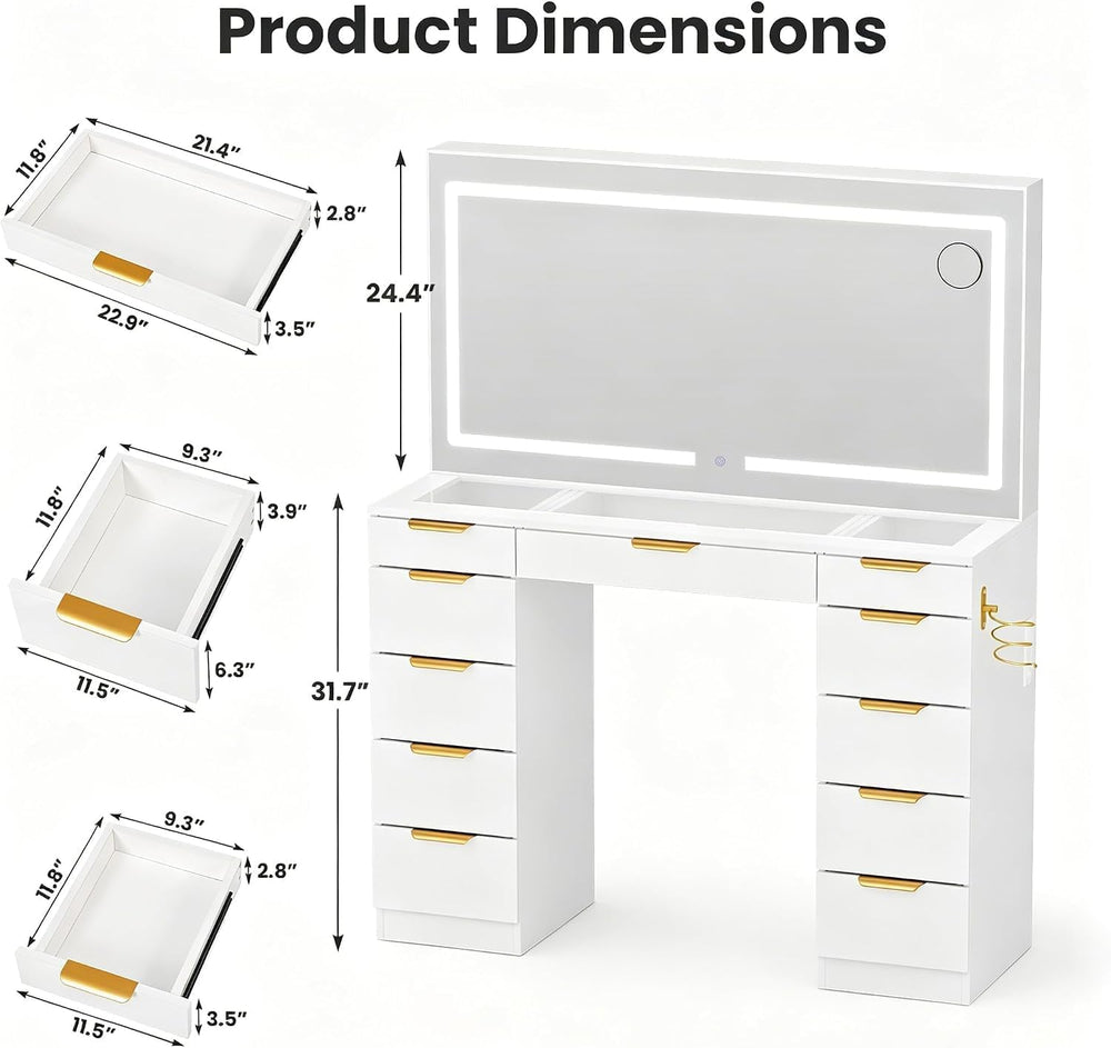 Pamapic Glass Top Vanity Desk with Mirror and Lights, 11 Drawers Makeup Vanit...