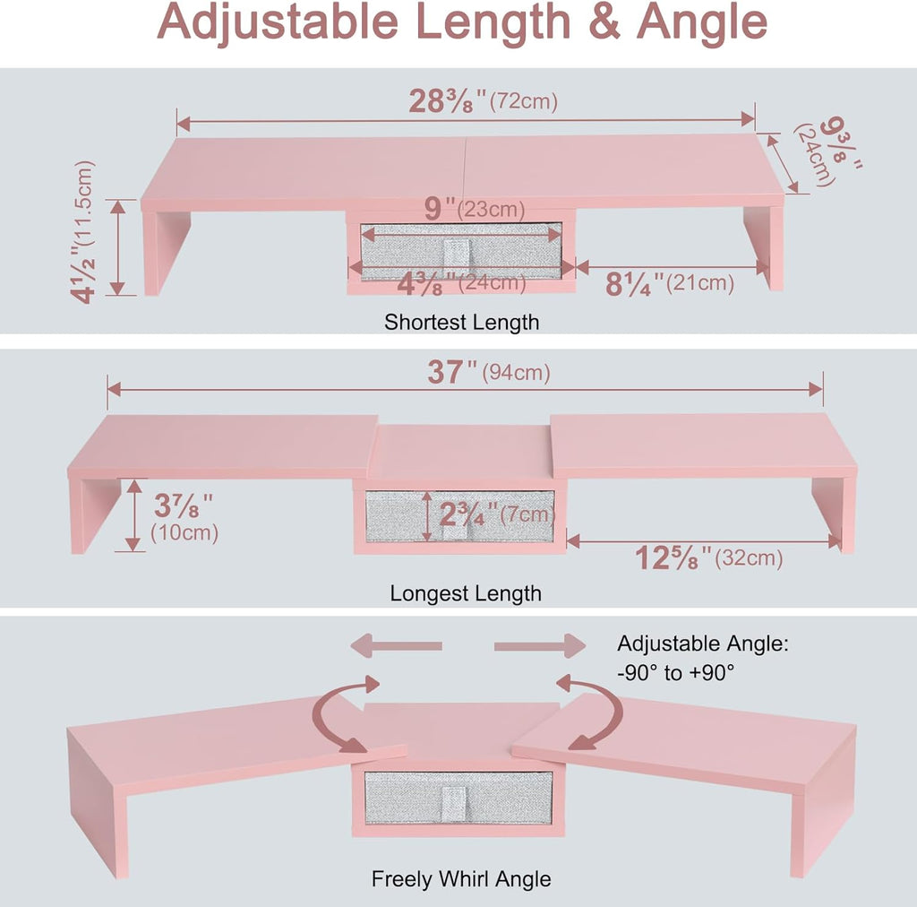 TEAMIX Pink Dual Monitor Stand Riser with Drawer - Length and Angle Adjustable Double Corner Desk Shelf Organizer 37 inch for 2 Laptop/PC/Screen/TV