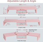 TEAMIX Pink Dual Monitor Stand Riser with Drawer - Length and Angle Adjustable Double Corner Desk Shelf Organizer 37 inch for 2 Laptop/PC/Screen/TV