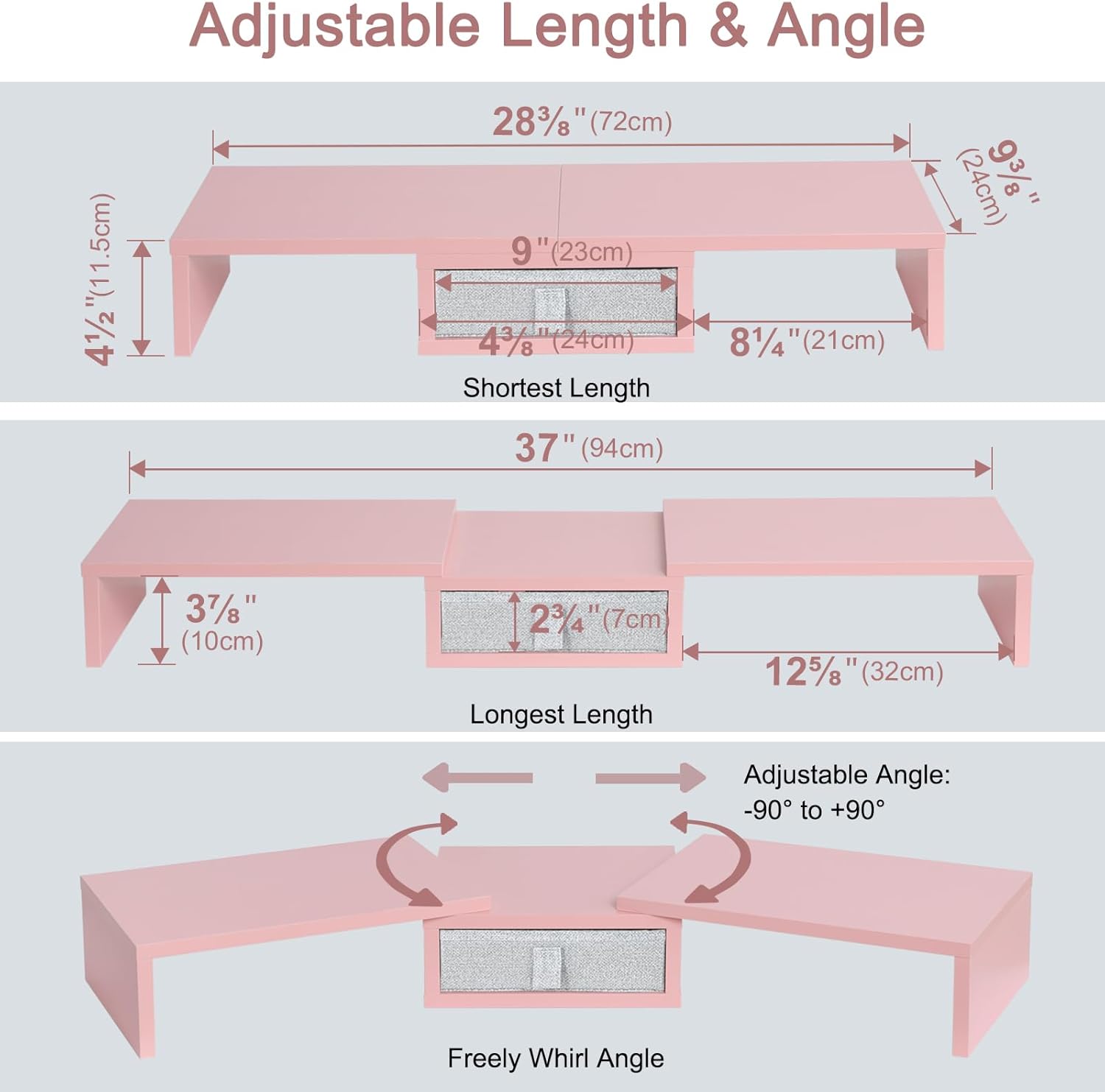 TEAMIX Pink Dual Monitor Stand Riser with Drawer - Length and Angle Adjustable Double Corner Desk Shelf Organizer 37 inch for 2 Laptop/PC/Screen/TV