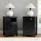 Black Farmhouse Nightstand Set of 2, End Tables Set with Charging Station, Night Stand with Door and Storage Shelf, Sofa Side Table Living Room, Bedside Table for Bedroom