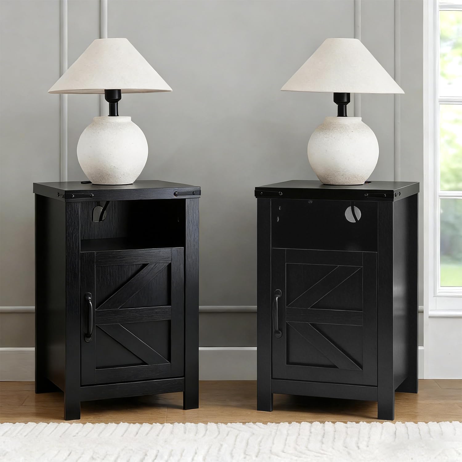 Black Farmhouse Nightstand Set of 2, End Tables Set with Charging Station, Night Stand with Door and Storage Shelf, Sofa Side Table Living Room, Bedside Table for Bedroom
