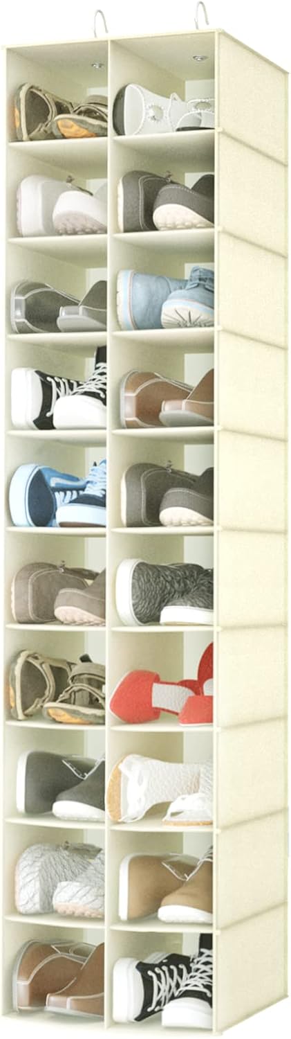 20 Section Hanging Shoe Organizer for Closet, Beige | Hanging Closet Organizer and Storage for Wardrobe, Dorm, Bedroom, Space Saving Foldable Clothes Shelf with Sturdy Hooks