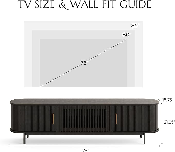 POVISON Fully-Assembled Mid Century Modern TV Stand, Sliding Tambour Door Entertainment Center with Storage, Wood TV Console, Media Console for Living Room Bedroom(Black, 78.74")