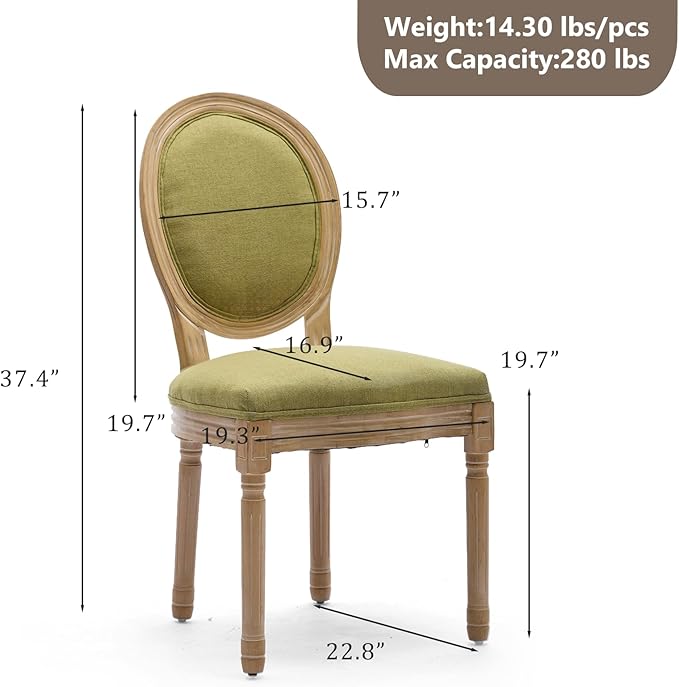 Linen Upholstered Dining Chairs Set of 2 French Country Oval Fabric Back Kitchen Side Chair with Wood Legs for Dining Room, Kitchen, Restaurant(Olive Green-Fabric)