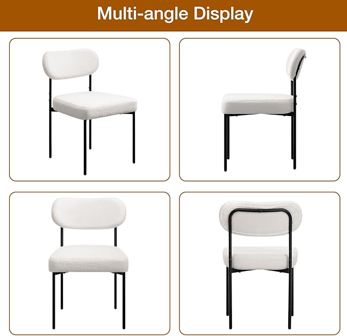 HOMMPA Dining Chairs Set of 2 Boucle Upholstered Kitchen Chairs with Curved Backrest Modern Dinner Chair with Metal Legs for Dining Room Living Room Vanity White