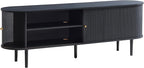 AMERLIFE 70" Mid-Century Modern TV Stand, TV Console Table for TVs up to 80 Inch, Fluted Wood Media Console with Storage, Solid Wood Legs, Embossed Black
