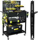 Lumizone Folding Tool Cart with Drawer and Pegboard Hooks Rolling Utility Service Cart on Wheels for Garage Organizer Foldable Power Tool Storage Heavy Duty Steel (Tool Cart with Drawer+Hooks)