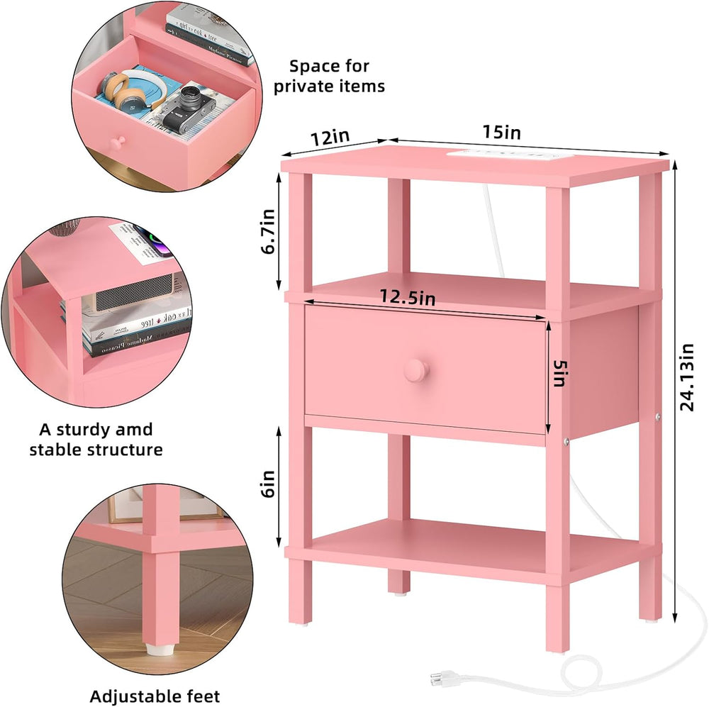 Lerliuo Nightstand with Charging Station and USB Ports, 3-Tier Storage Pink E...