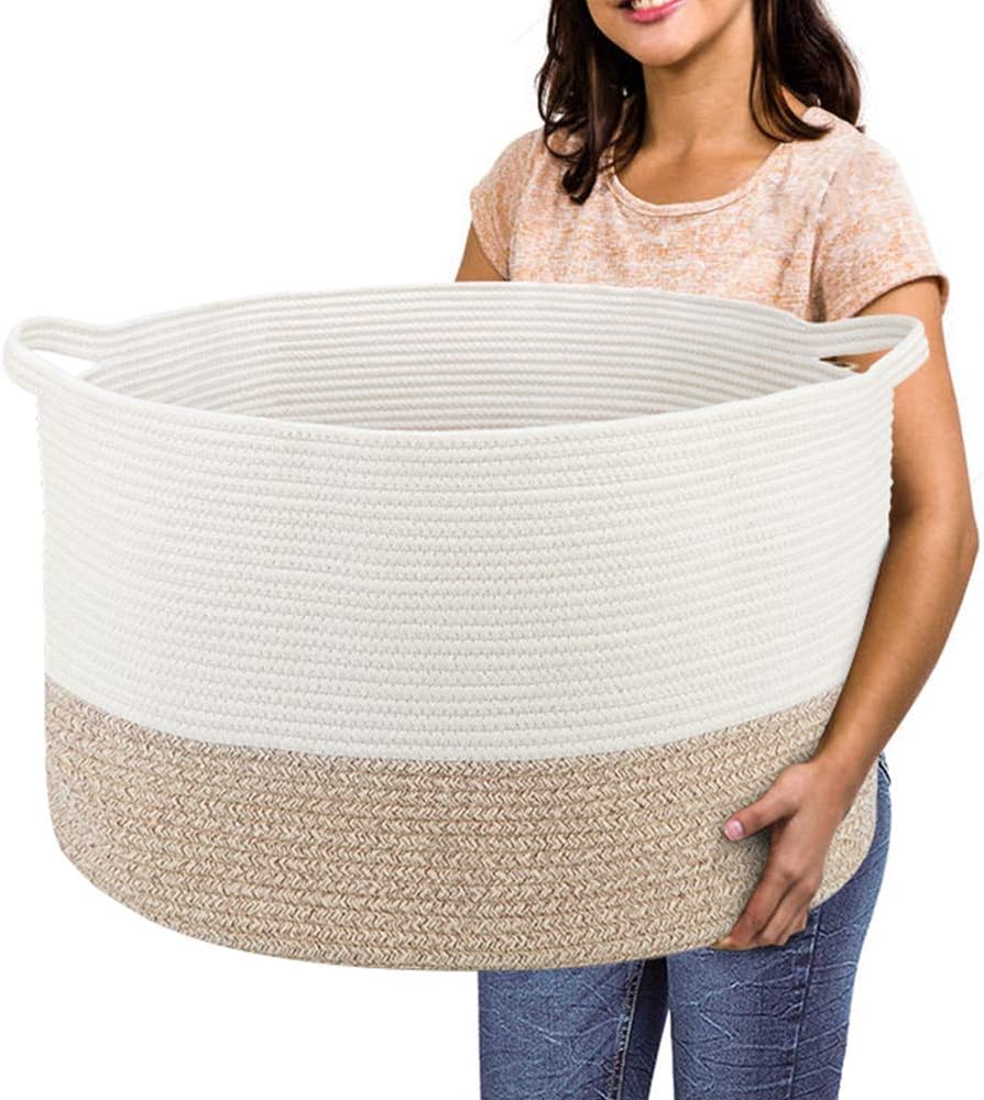 R RUNKA Extra Large Cotton Rope Basket 22" x 14" - Toy Basket for Kids -Blanket Basket for Living Room - Woven Baskets for Storage