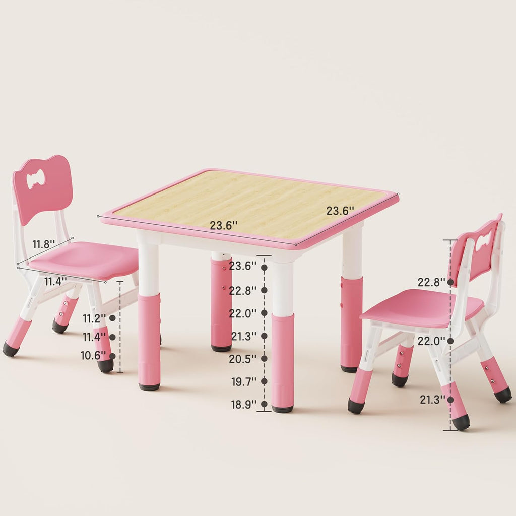 Brelley Height Adjustable Toddler Table and 2 Chairs Set, Pink | Table Supports 280 lbs, Wooden Drawing Activity Desk, Classroom/Daycare/Home, Children Multi-Activity Table for Ages 3-8