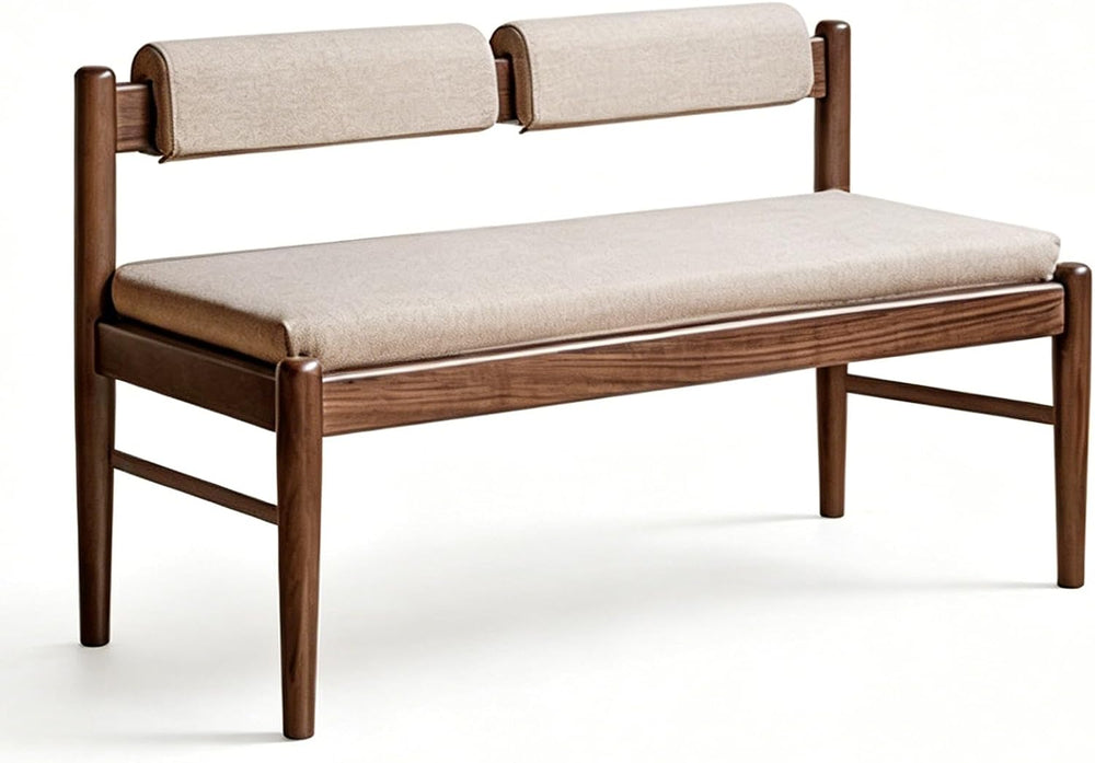 Entryway Bench with Backrest, Upholstered Rubberwood Bench with Light Gray Cu...