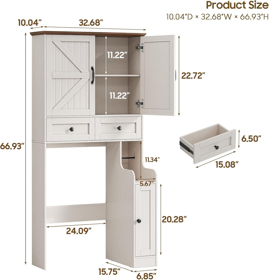 Over The Toilet Storage Cabinet, Storage Cabinet Over Toilet with Double Doors & Toilet Paper Holder Stand, Freestanding Toilet Shelf Space Saver with Anti-Tip Design & Adjustable Shelf, White