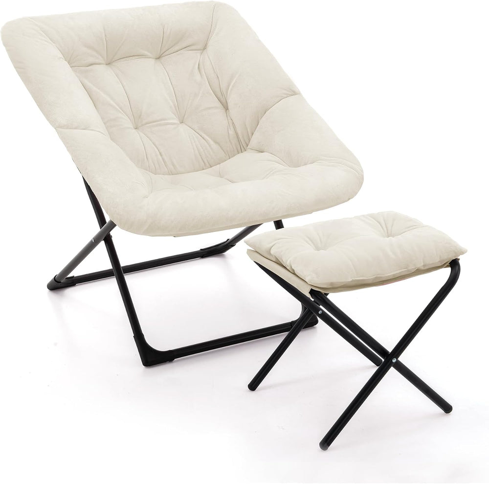 Saucer Chair with Ottoman, Foldable Living Room Chairs, Faux Fur Comfy Readin...