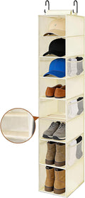 Hanging Shoe Organizer for Closet with 8 Shelves,Mesh Pockets-Wider Hanging Shelves for Shoes,Clothes,Hats with Sturdy Bamboo-Supported Design (Beige)
