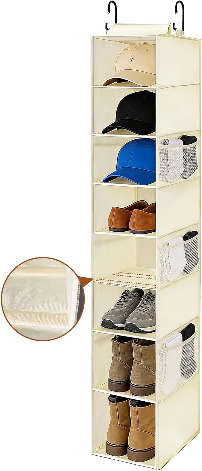 Hanging Shoe Organizer for Closet with 8 Shelves,Mesh Pockets-Wider Hanging Shelves for Shoes,Clothes,Hats with Sturdy Bamboo-Supported Design (Beige)