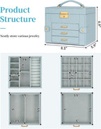 TORIBIO Jewelry Box for Women, Leather Jewelry Organizer with Mirror & Lock, 4-Tier Jewelry Storage Organizer with 3 Drawers for Girls/Women/Mothers, Necklace Earring Bracelets Holder Organizer