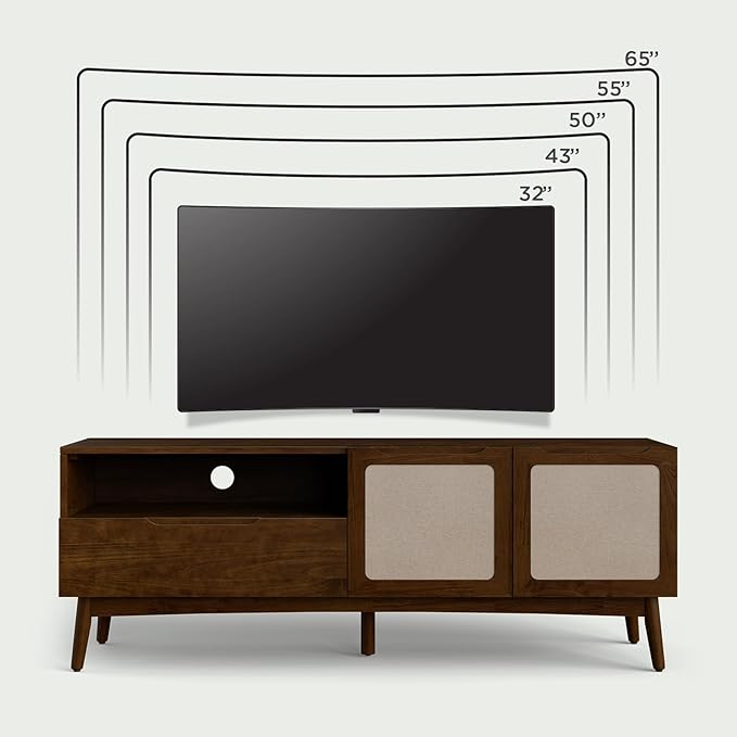 Calista TV Stand 1 Drawer 2 Door – Chestnut Finish Media Console with Open Shelf & Fabric Panel Doors, Mid-Century Modern Style with Tapered Legs, Easy Assembly