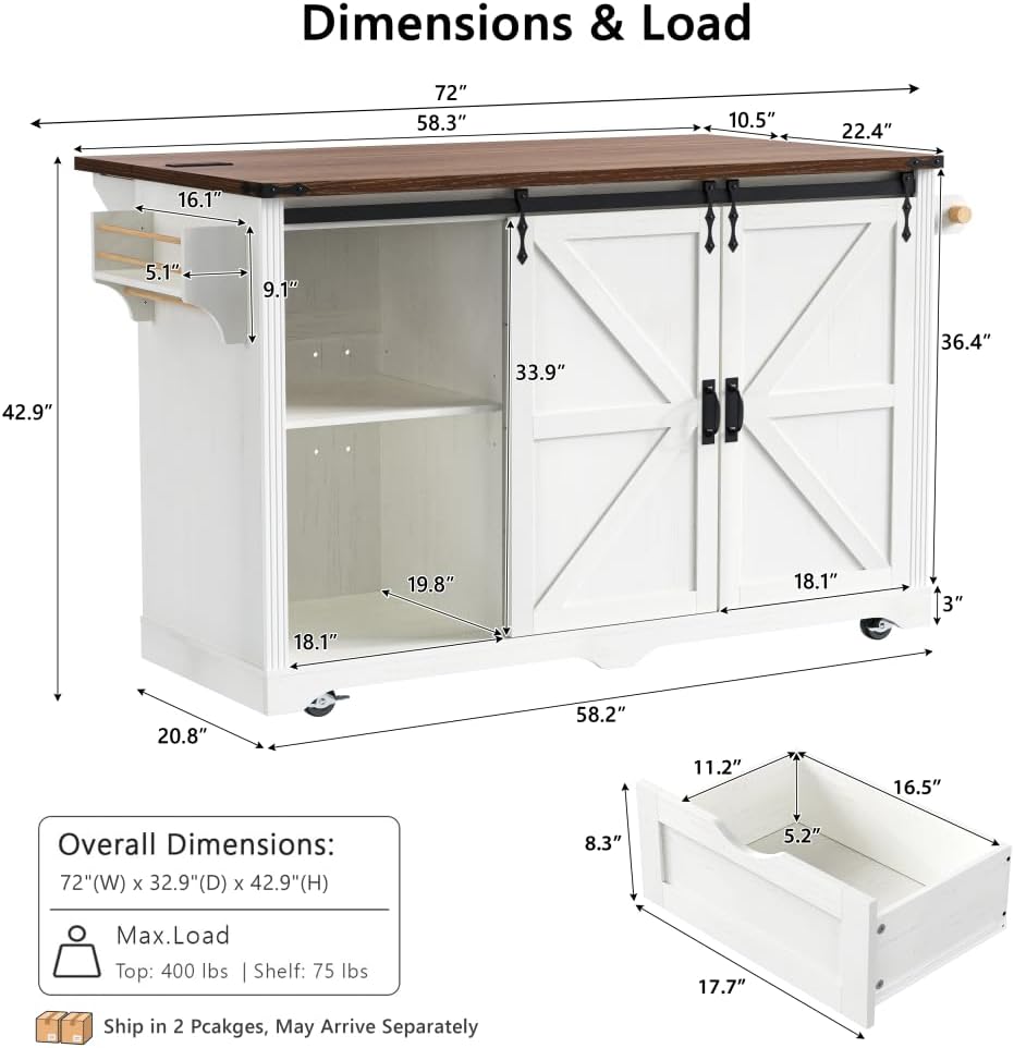 Merax 72" L White Rolling Kitchen Island with Fridge Storage Space | Cof...