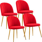 Velvet Dining Chairs Set of 4, Upholstered Mid Century Modern Dining Room Chairs, Armless Accent Chair with Metal Gold Legs for Living Room, Kitchen, Rose Red