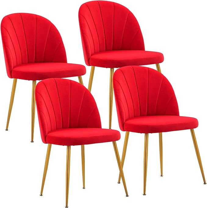 Velvet Dining Chairs Set of 4, Upholstered Mid Century Modern Dining Room Chairs, Armless Accent Chair with Metal Gold Legs for Living Room, Kitchen, Rose Red