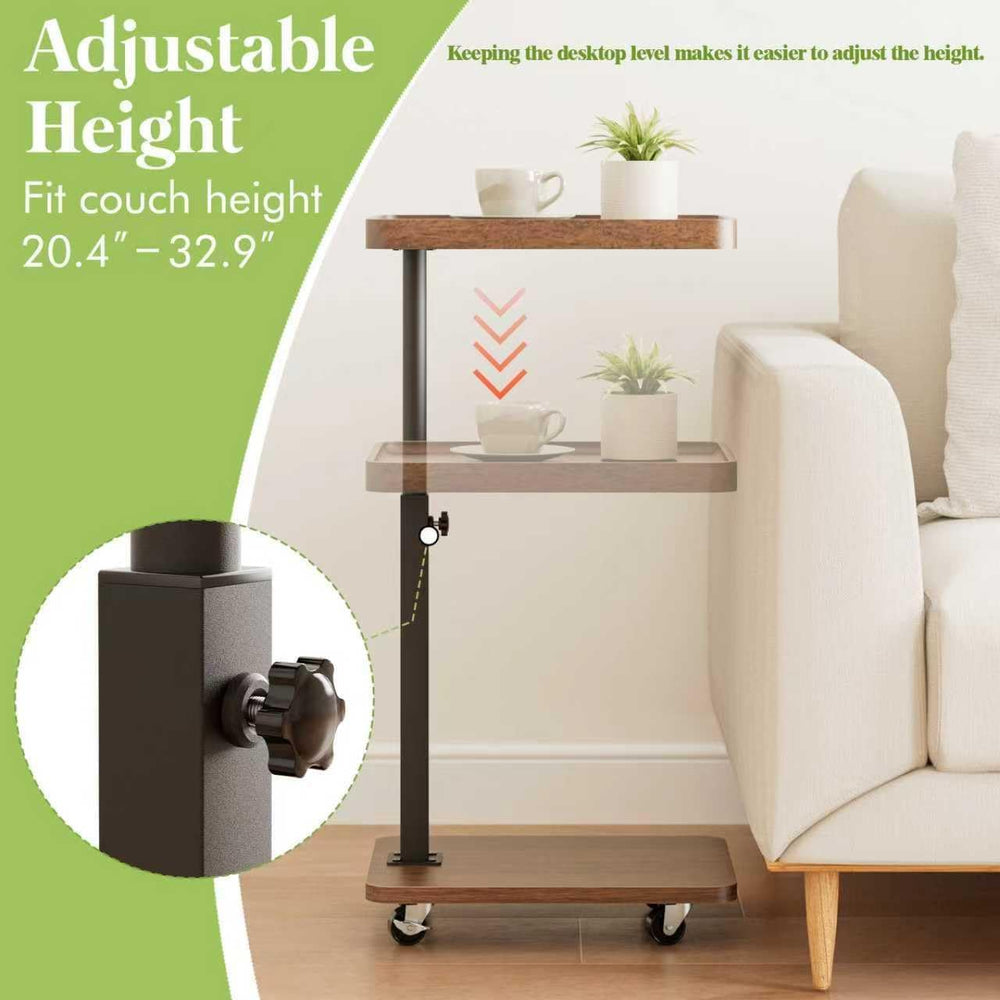 TV Tray Table Set of 2, C Shaped Adjustable End Side Table(Brown)