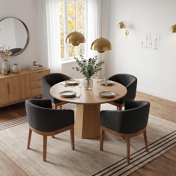 Mid-Century Modern Charcoal Dining Chairs Set of 4, Linen Upholstered Kitchen Dining Room Chairs with Wood Legs, Curved Backrest Armchairs, Charcoal