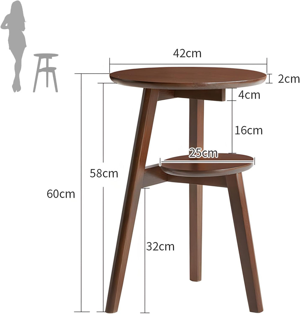 Side Table, Small Round End Table with 2-Tier Shelf, Solid Wood Nightstand fo...