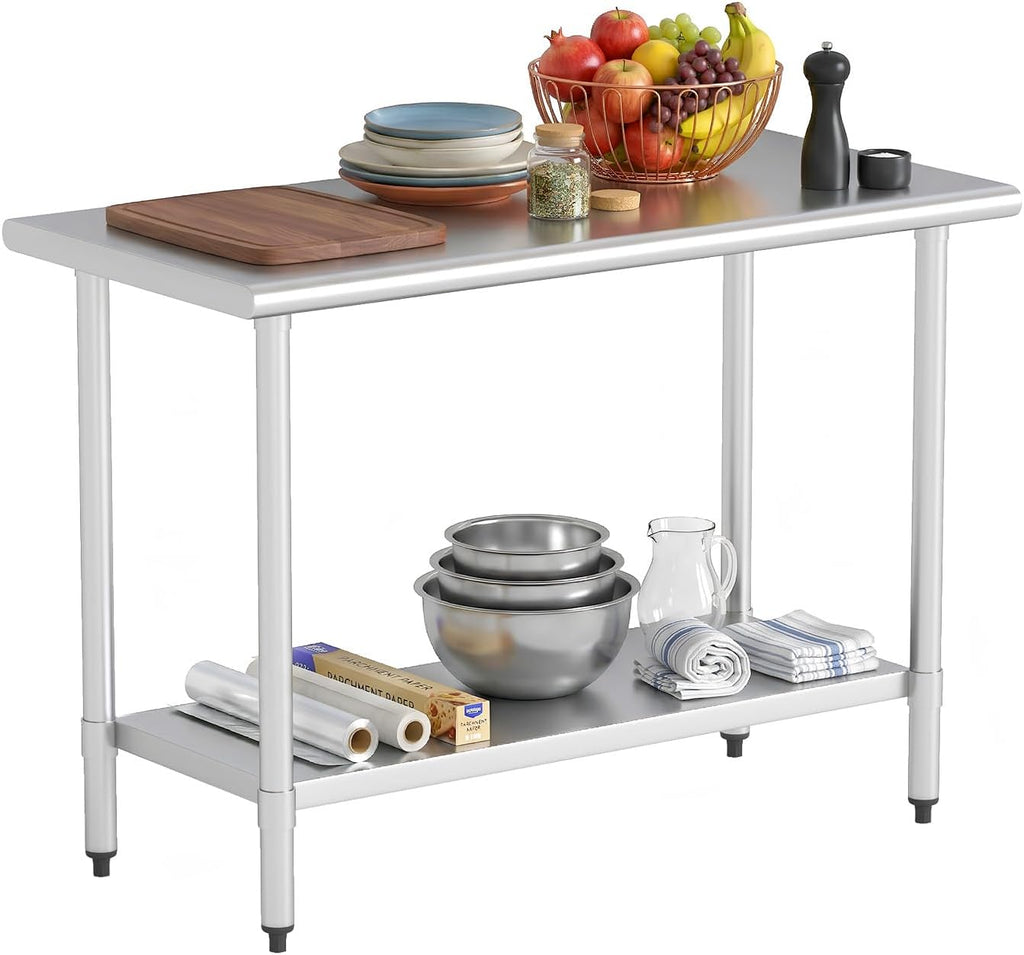 FDW Stainless Steel Work Table 24 x 48 Inches, Heavy Duty Commercial Food Prep Table with Adjustable Under Shelf, Metal Workbench for Restaurant, Kitchen, Garage, Home