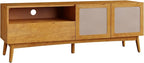 Calista TV Stand 1 Drawer 2 Door – Teak Brown Finish Media Console with Open Shelf & Fabric Panel Doors, Mid-Century Modern Style with Tapered Legs, Easy Assembly