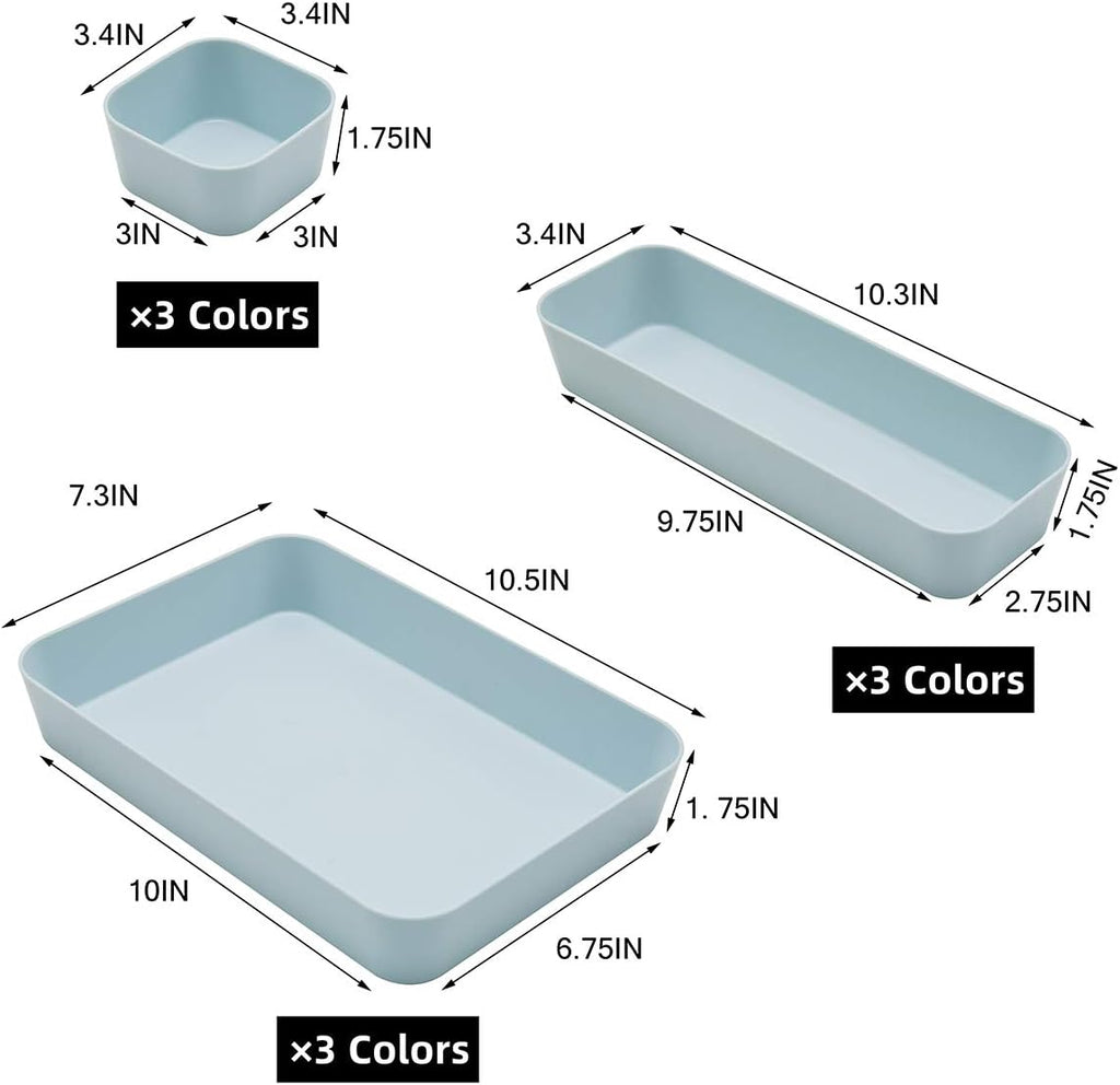 (9 Piece Set) Large Size Plastic Desk Drawer Organizers For Makeup Bathroom Office Kitchen Three Colors