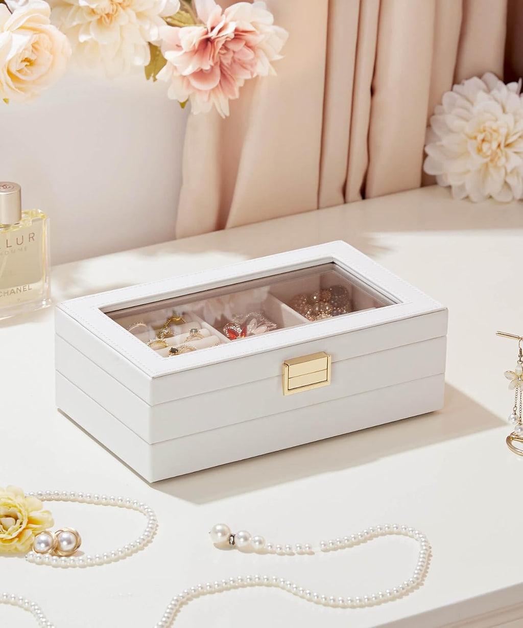 Homde Jewelry Tray Stackable Jewelry Box with Glass Lid, Removable Dividers for Vanity Table Gift Idea for Girls and Women (White)